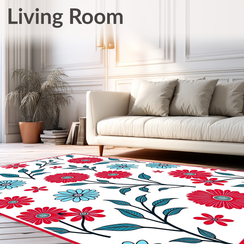 Red Blue Daisy Floral Branches Rug