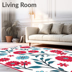 Red Blue Daisy Floral Branches Rug