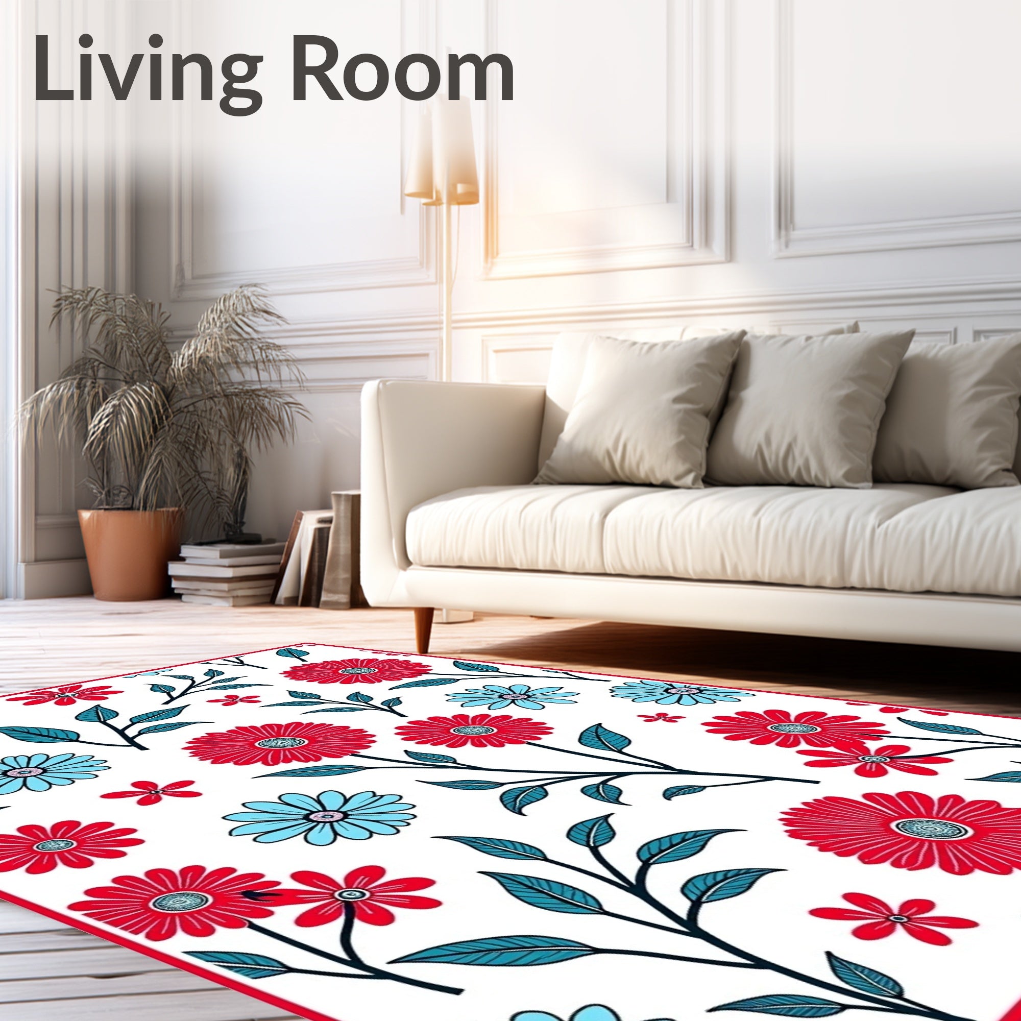 Red Blue Daisy Floral Branches Rug