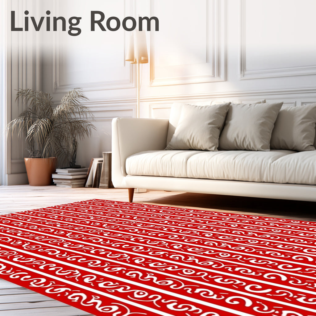 Crimson White Vertical Scroll Stripe Rug