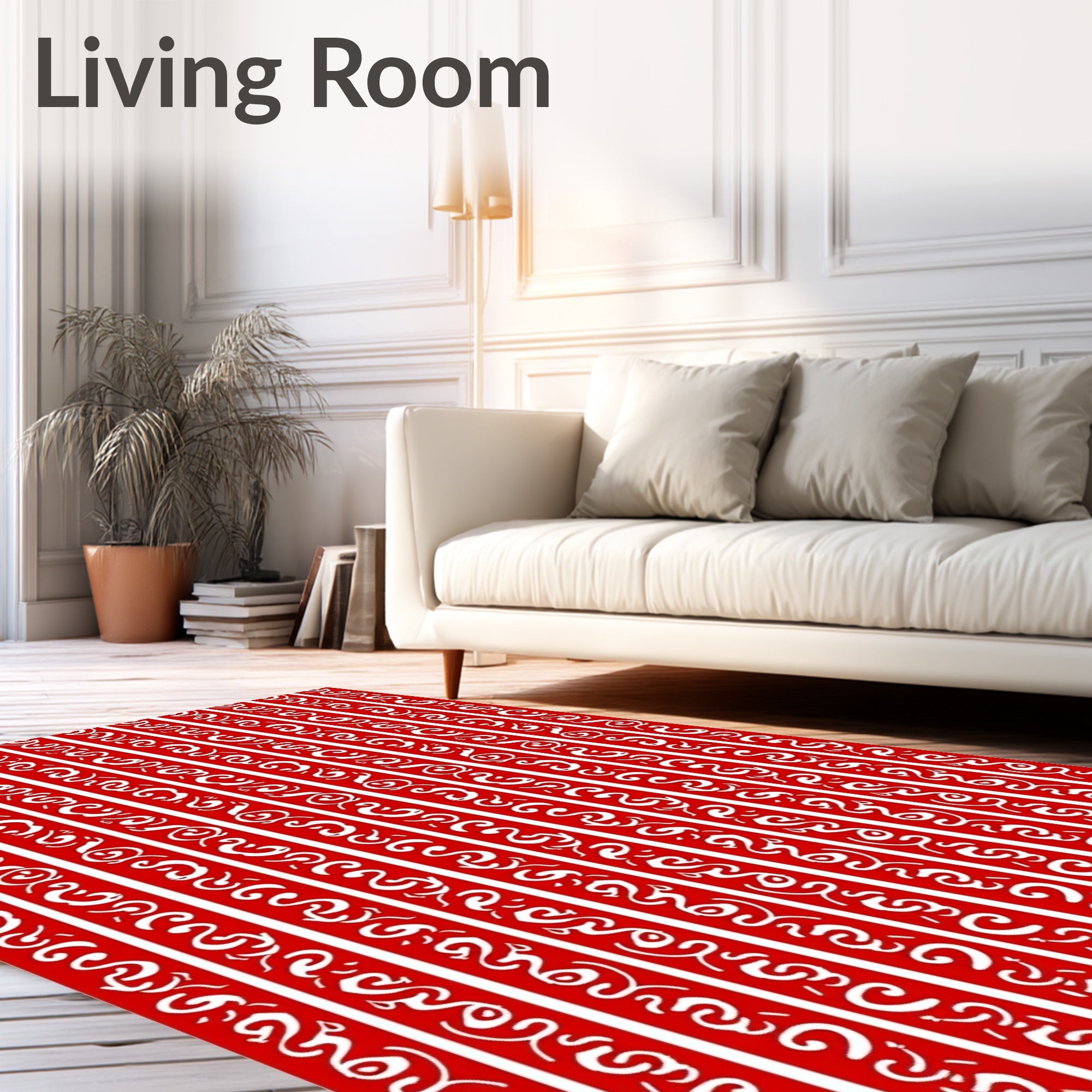 Crimson White Vertical Scroll Stripe Rug