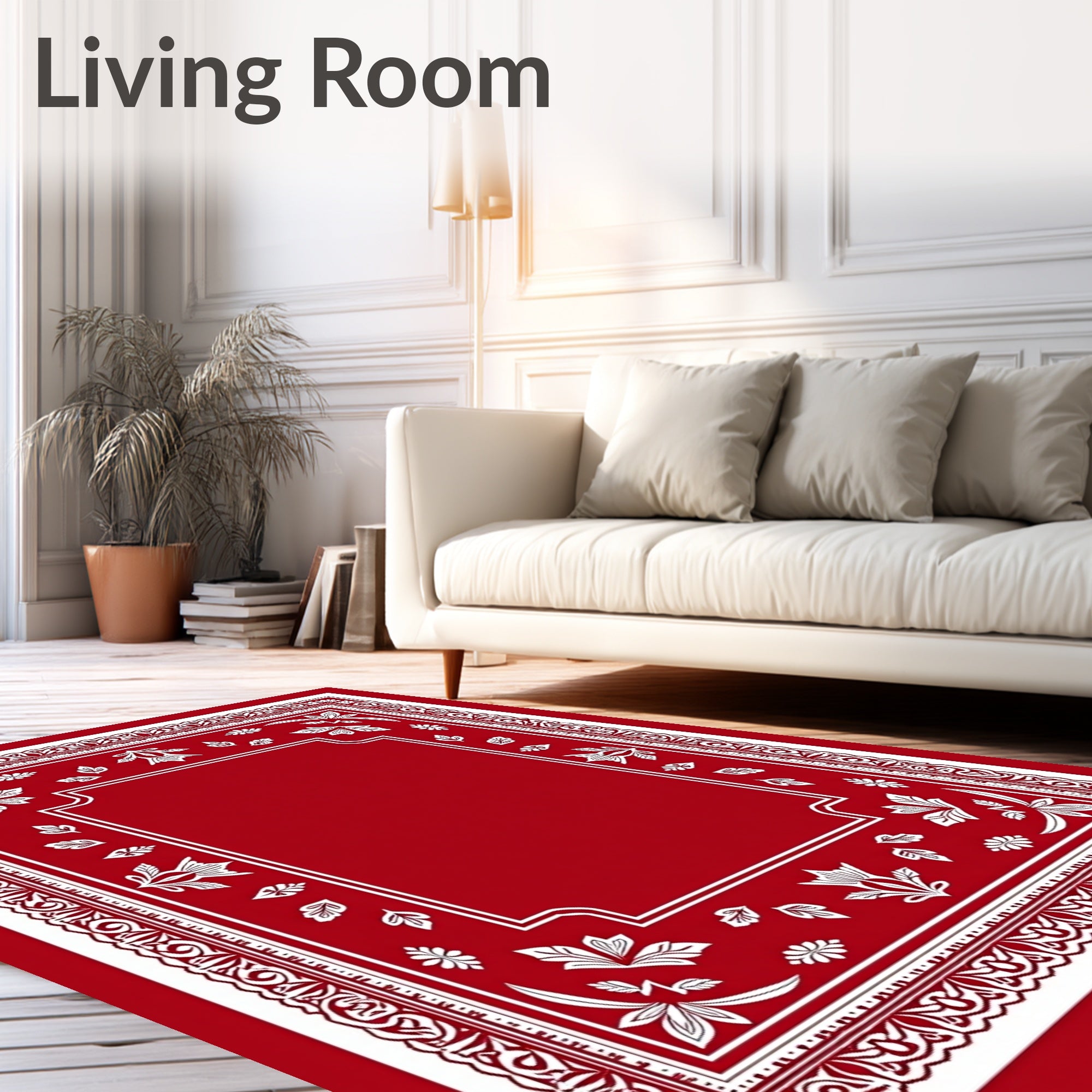 Crimson White Floral Border Square Rug