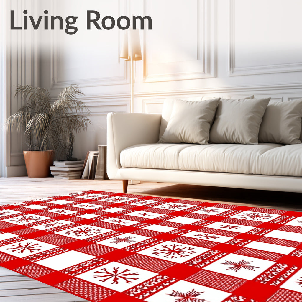 Red White Gingham Snowflake Cluster Rug