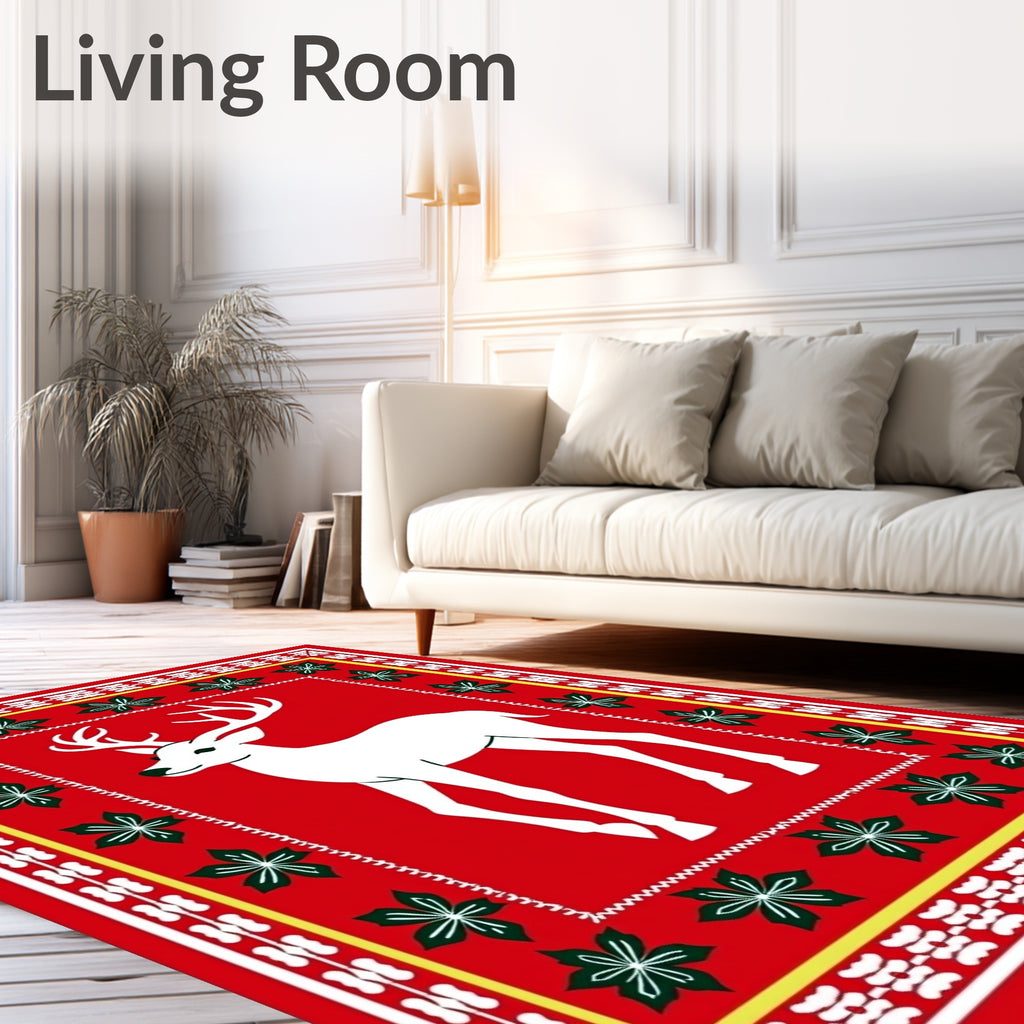White Deer Red Floral Border Rug