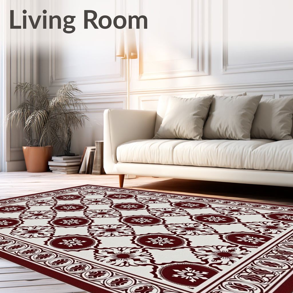 Regal Crimson Floral Geometric Border Rug