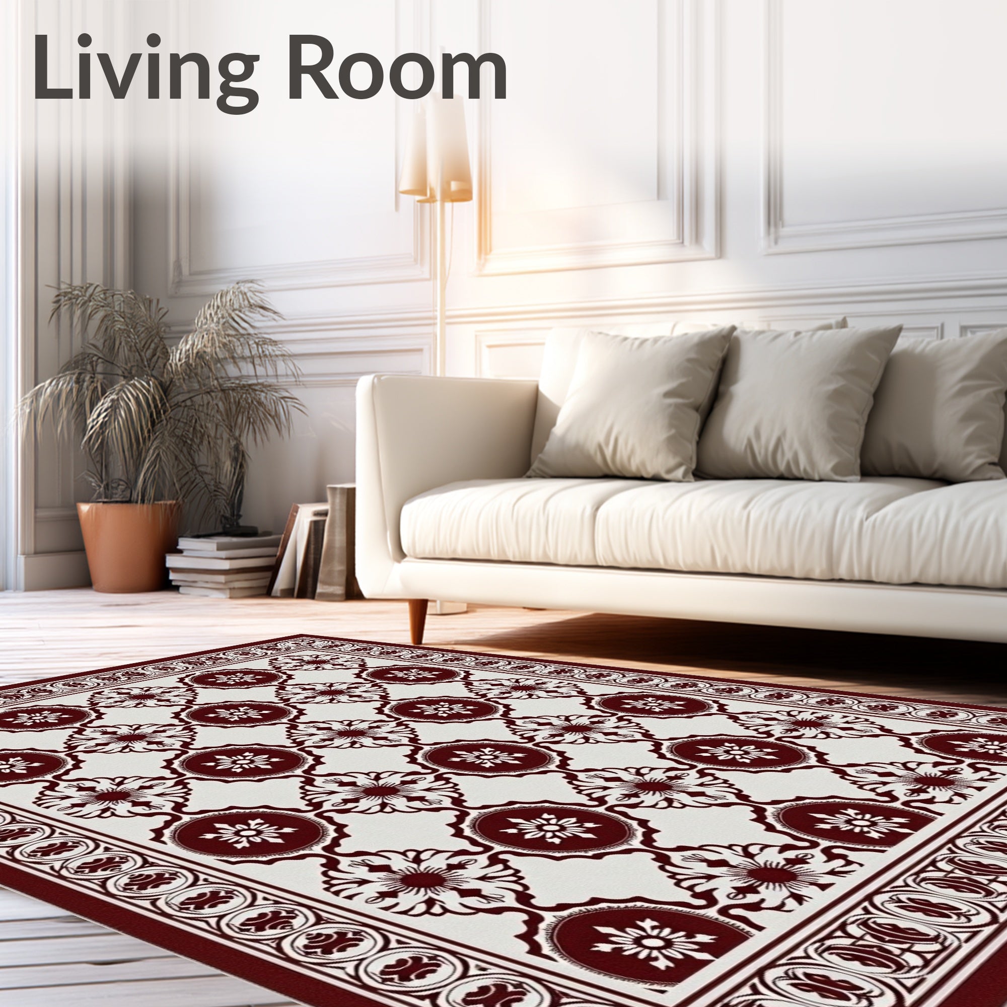 Regal Crimson Floral Geometric Border Rug
