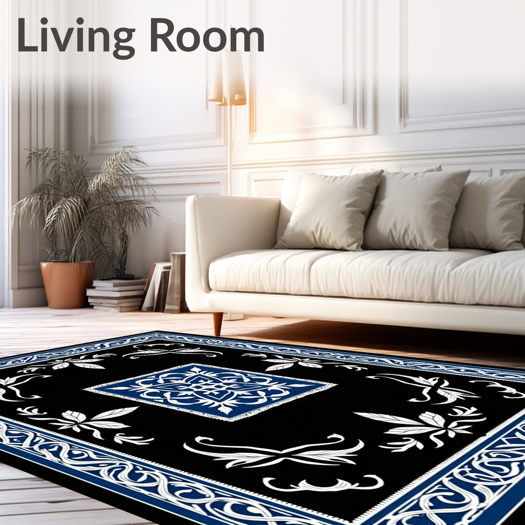 Ornate Blue White Black Medallion Rug