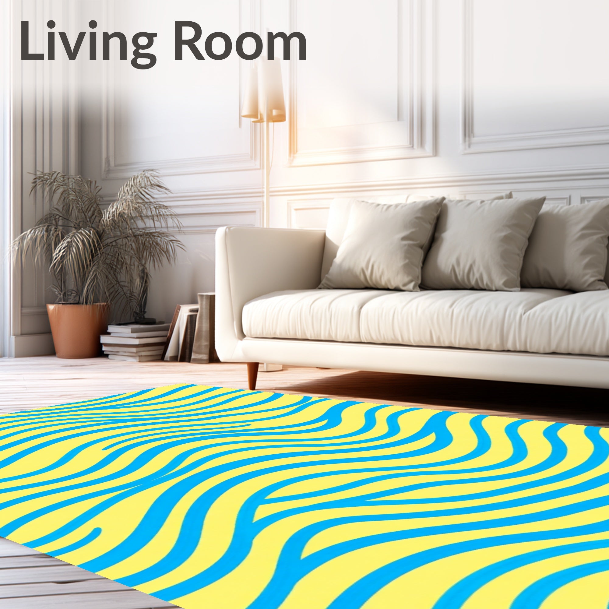 Bright Yellow Blue Swirl Waves Rug