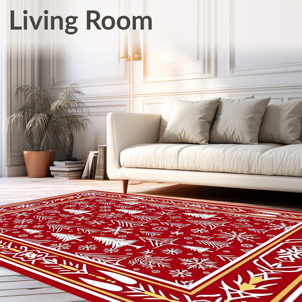 Crimson Snowflakes Pine Trees Border Rug