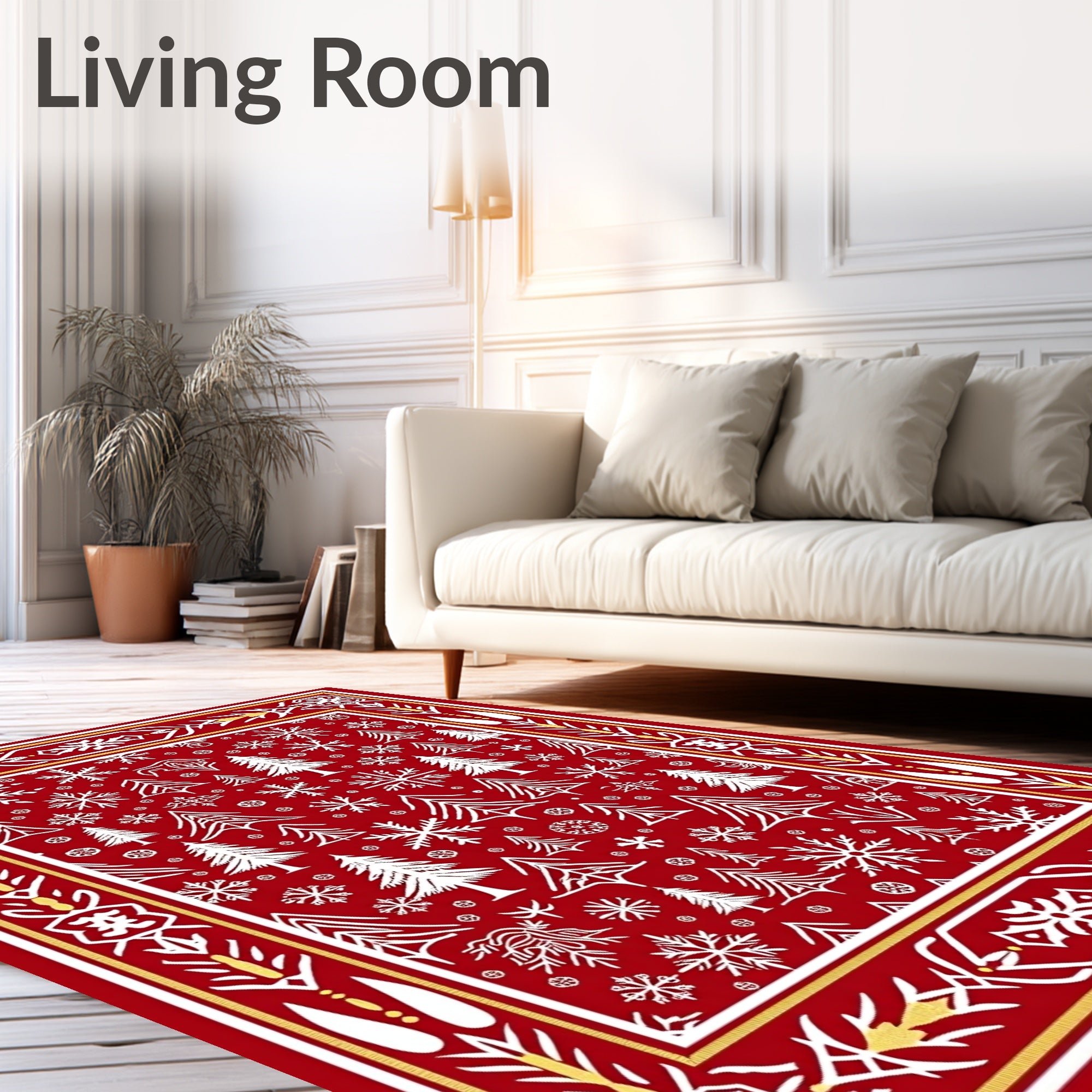 Crimson Snowflakes Pine Trees Border Rug