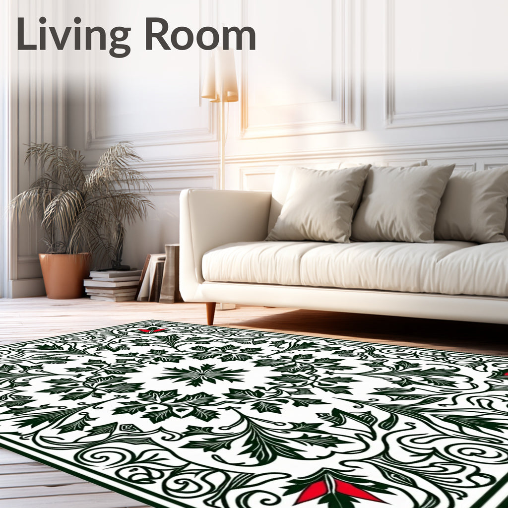 Deep Green Floral Symmetry Red Accents Rug