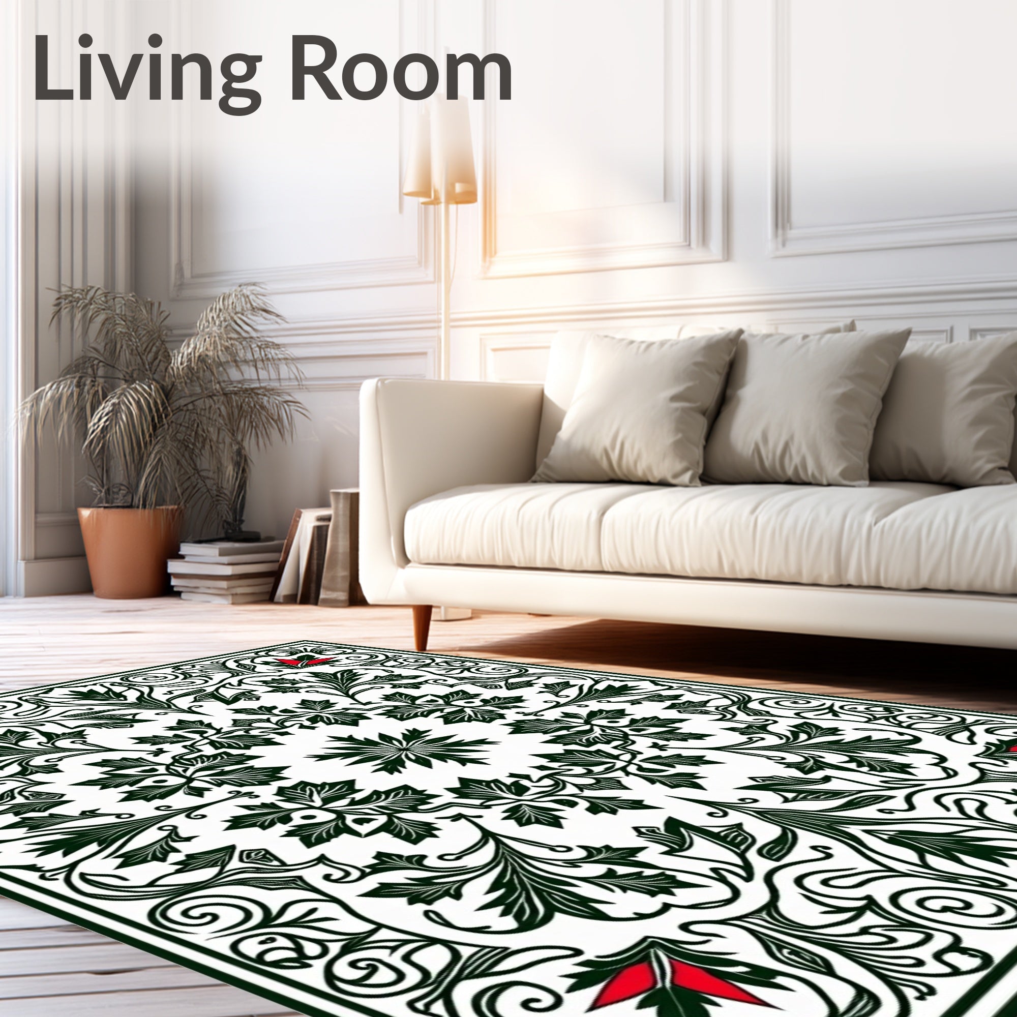 Deep Green Floral Symmetry Red Accents Rug