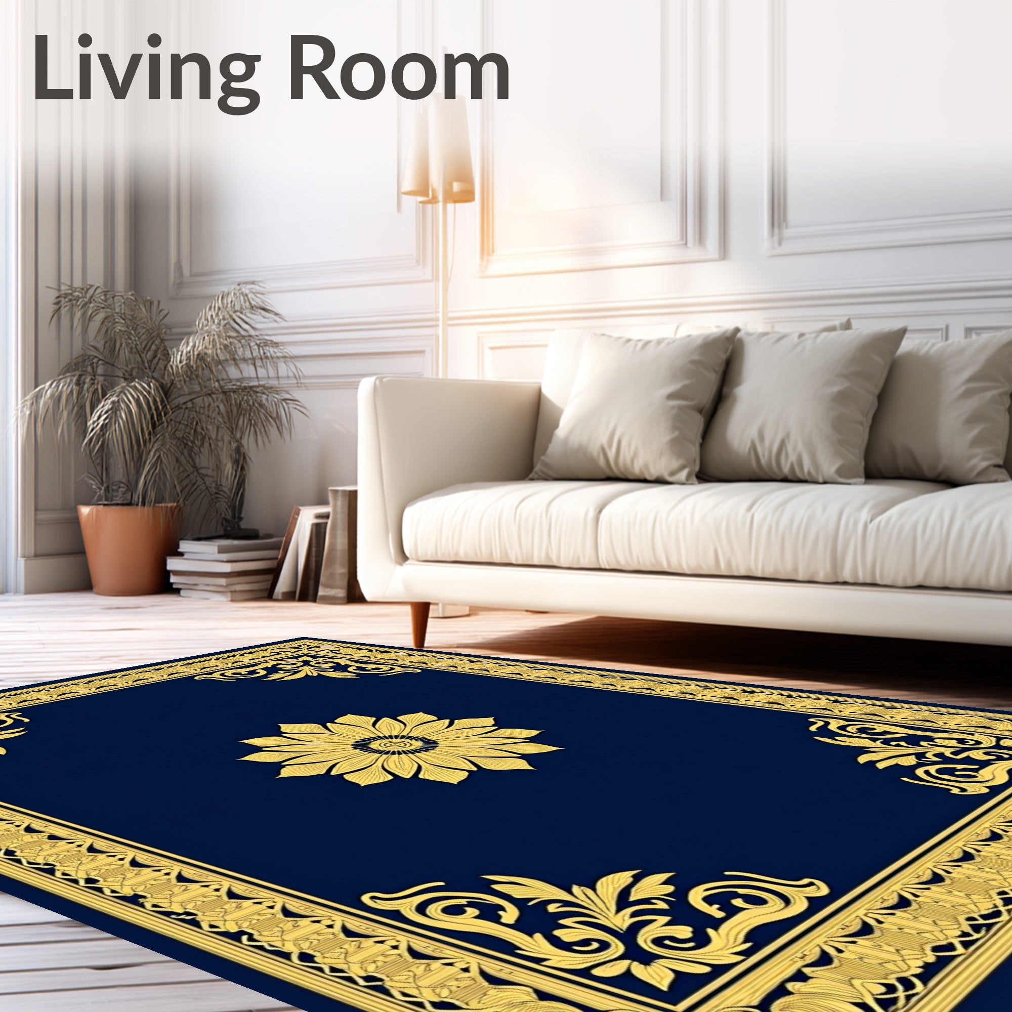 Golden Floral Medallion Navy Border Rug