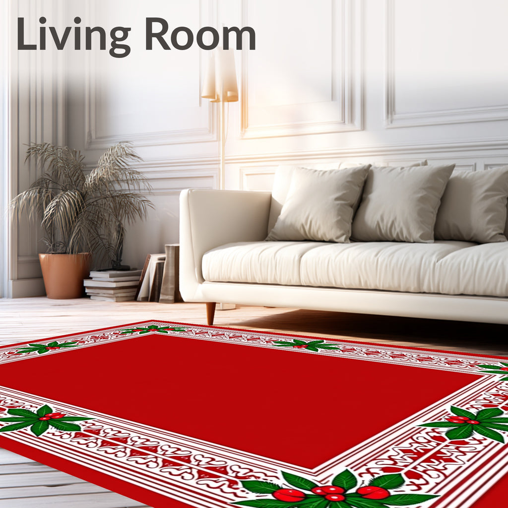 Festive Red Green Holly Border Rug