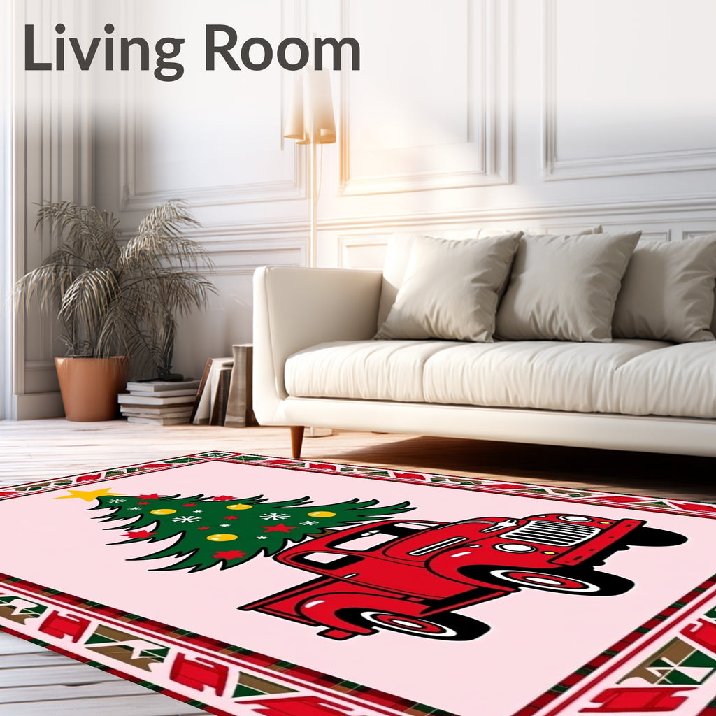 Festive Red Truck Christmas Tree Border Rug
