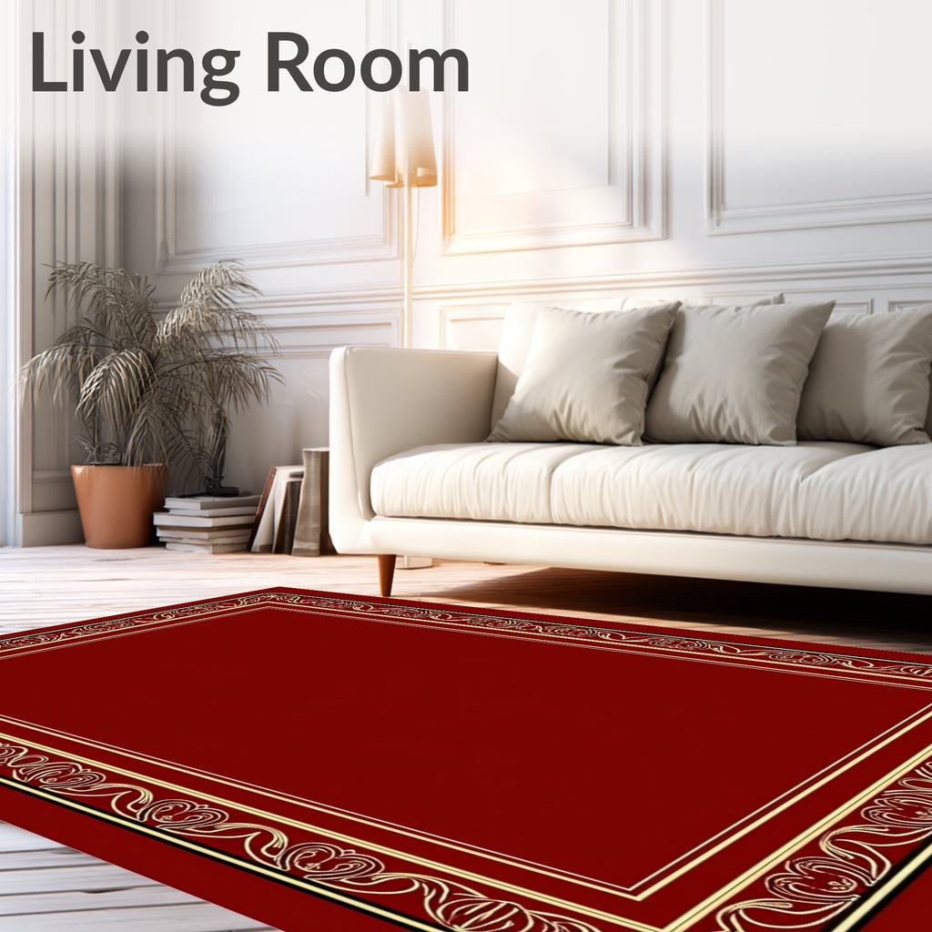 Deep Red and Gold Flourish Border Rug