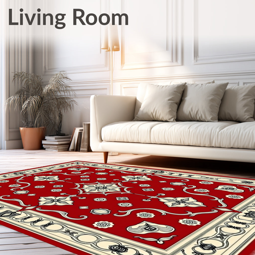 Crimson Red Cream Floral Medallion Square Rug