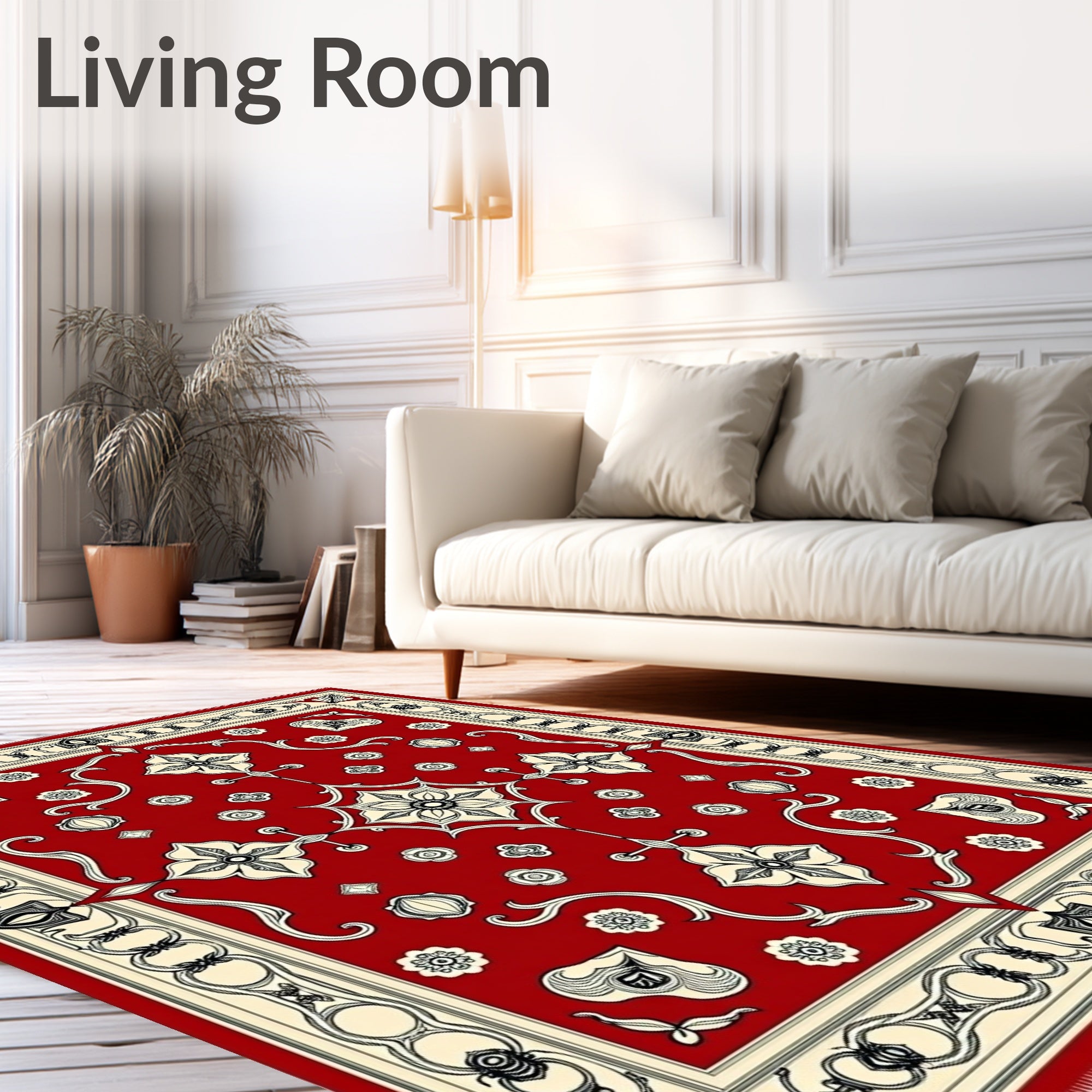 Crimson Red Cream Floral Medallion Square Rug
