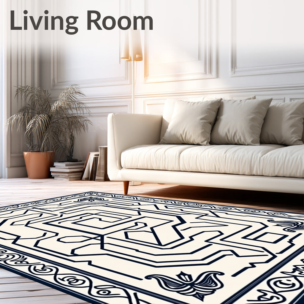 Creamy Navy Abstract Circuitry Maze Rug
