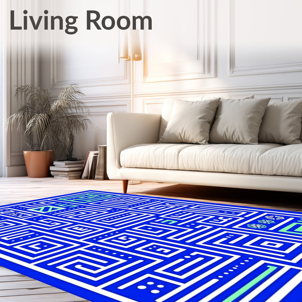 Bold Blue White Geometric Maze Rug