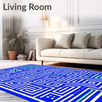 Bold Blue White Geometric Maze Rug