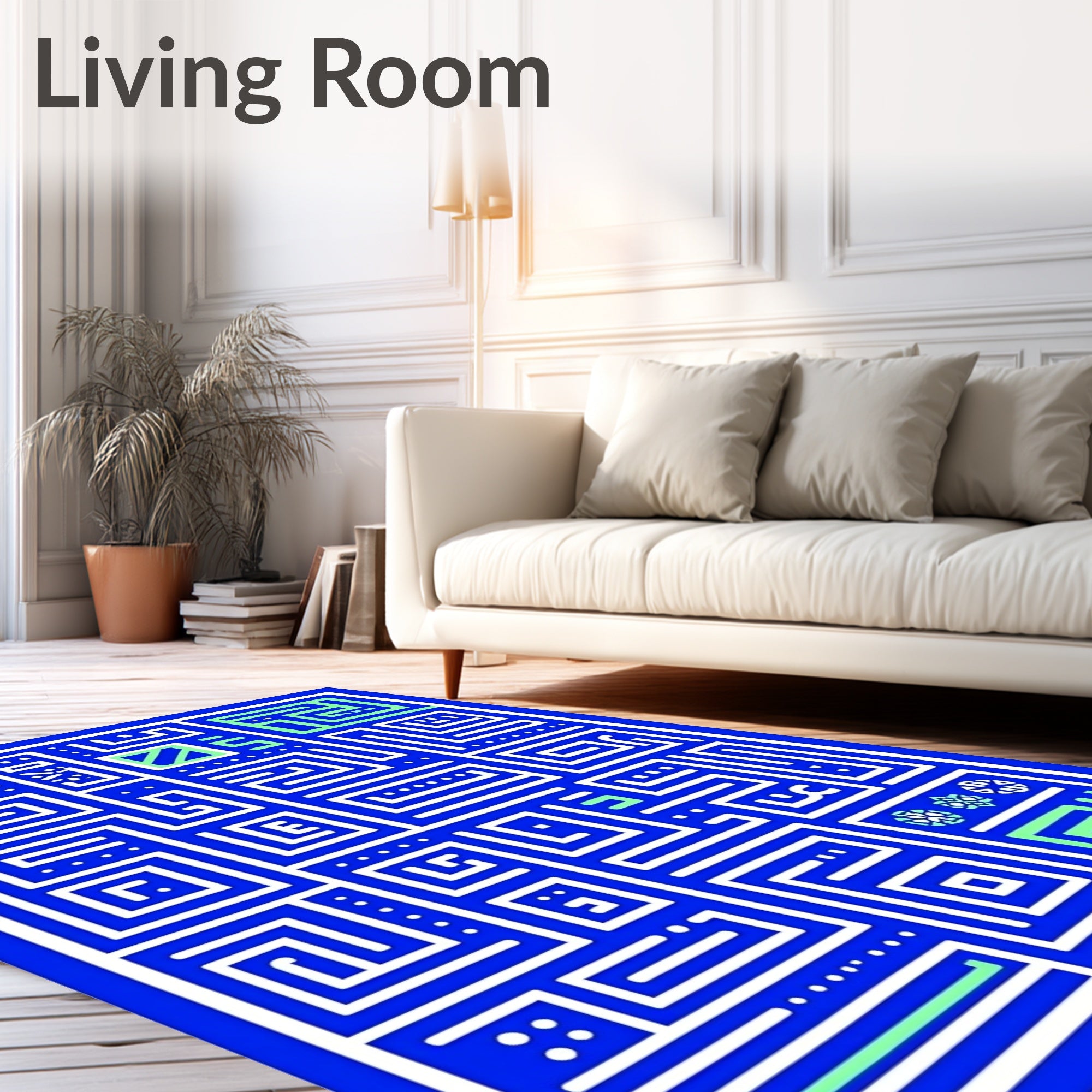 Bold Blue White Geometric Maze Rug