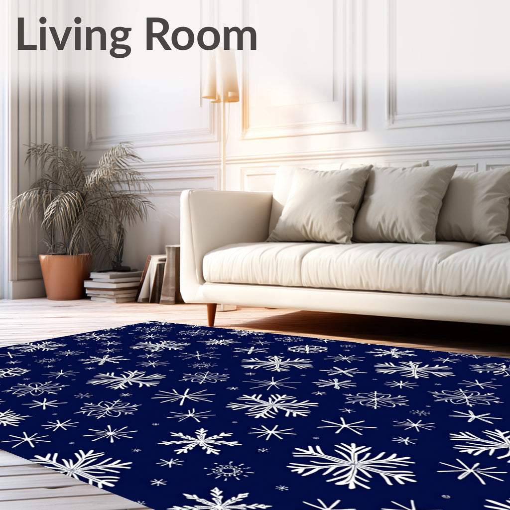 White Snowflake Scattered Dark Blue Background Rug