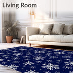White Snowflake Scattered Dark Blue Background Rug