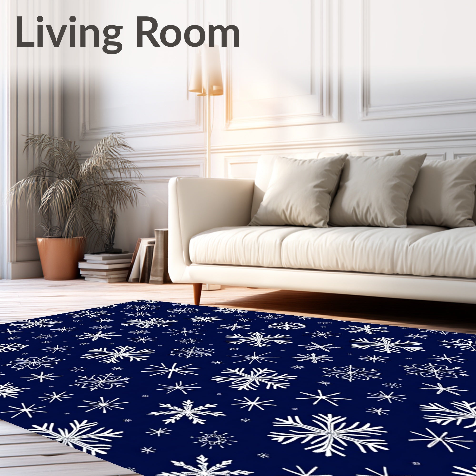 White Snowflake Scattered Dark Blue Background Rug