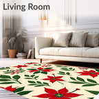 Festive Red Poinsettia Floral Cream Rug