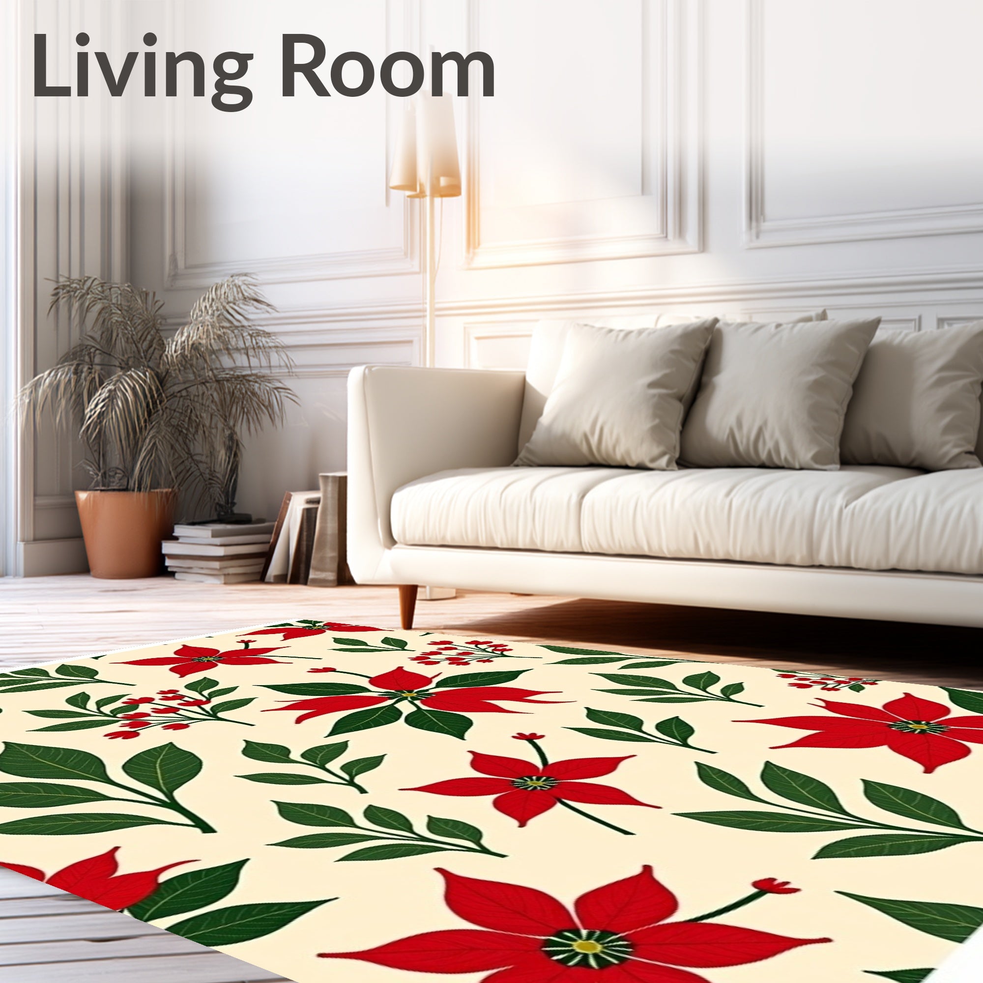 Festive Red Poinsettia Floral Cream Rug
