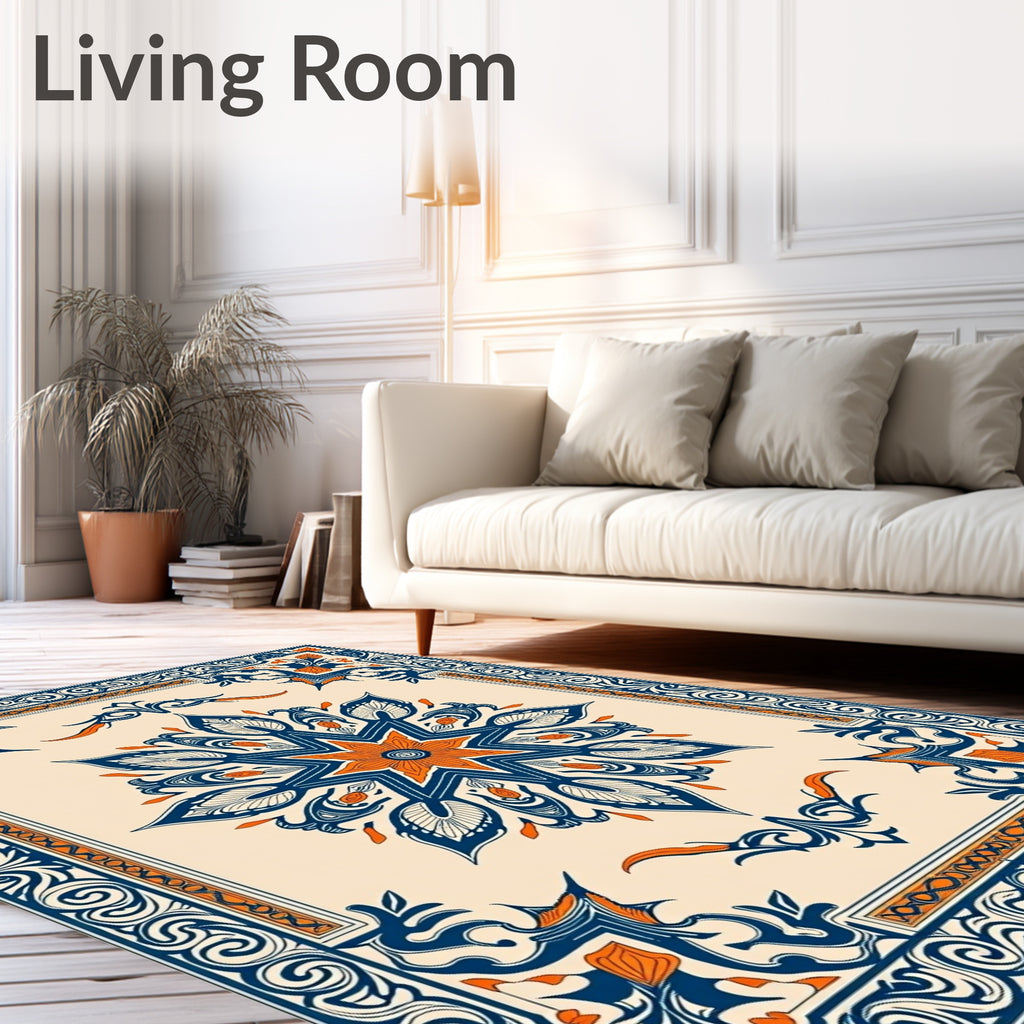 Cream Blue Orange Floral Medallion Border Rug
