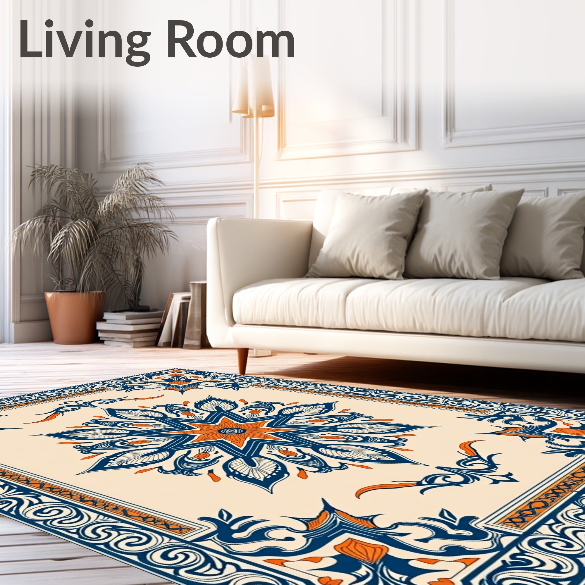 Cream Blue Orange Floral Medallion Border Rug