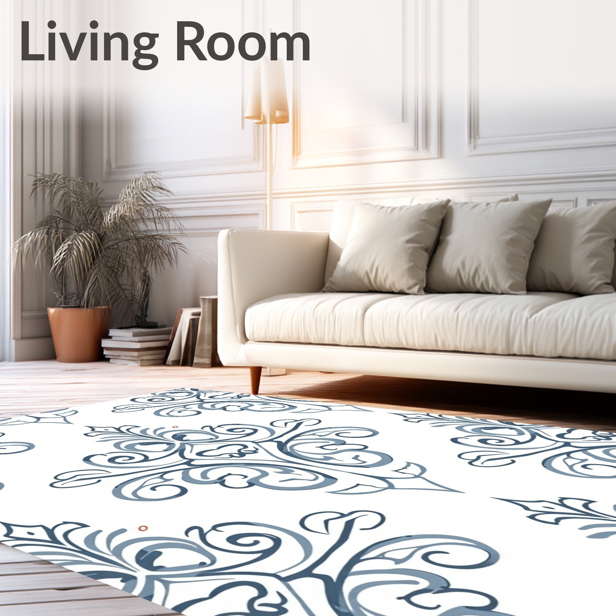Classic Blue Arabesque Scrollwork Area Rug