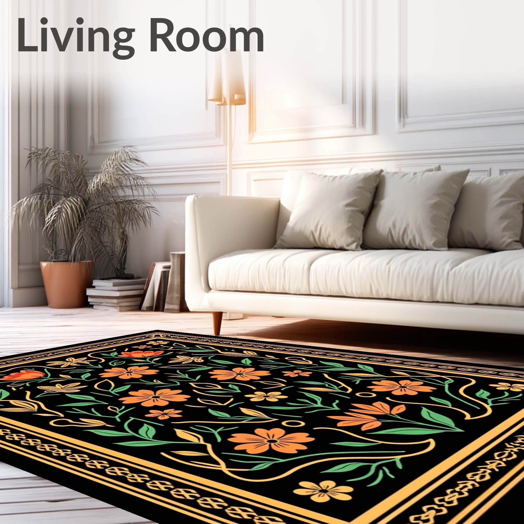Orange Floral Vine Border Rug