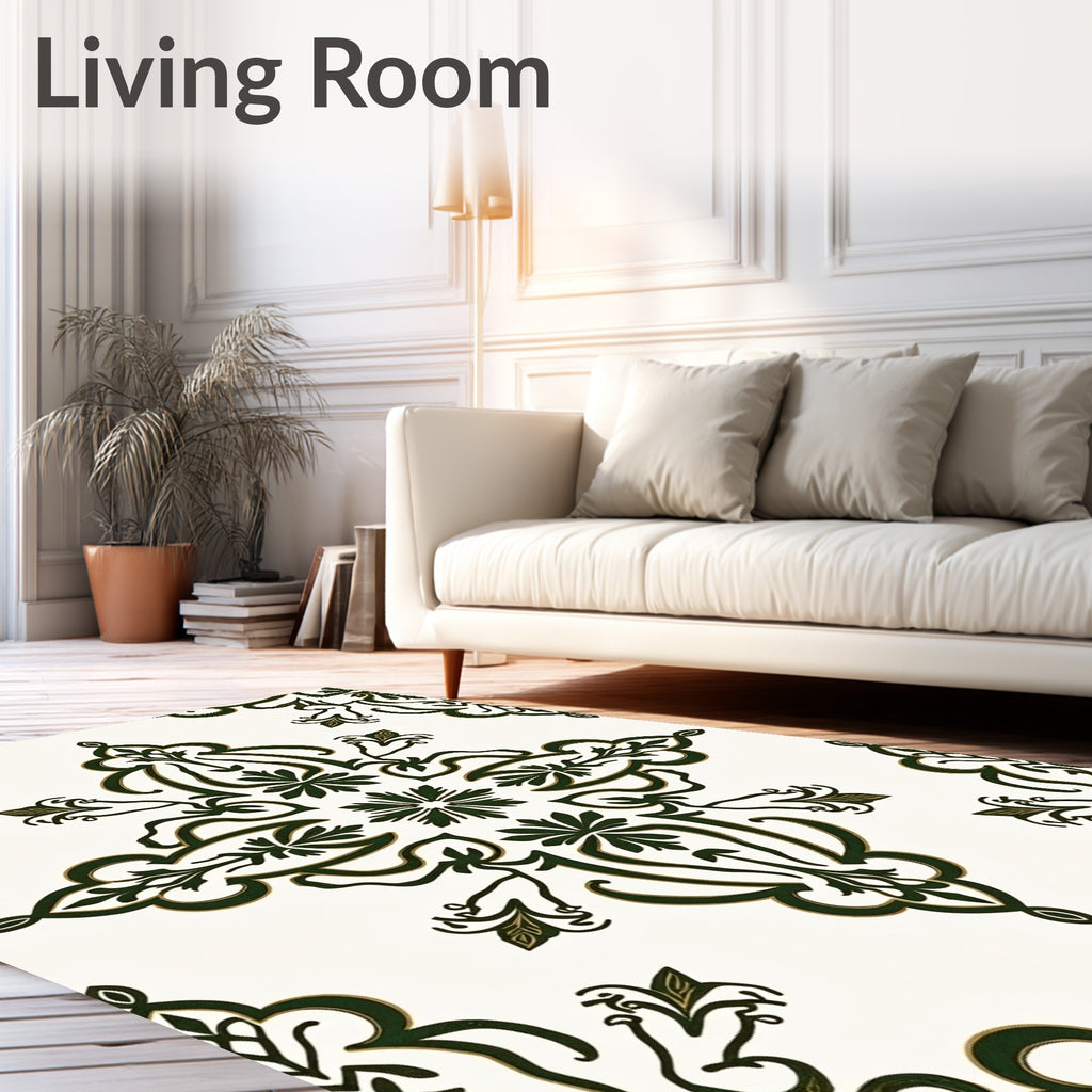 Dark Green Floral Medallion Damask Rug