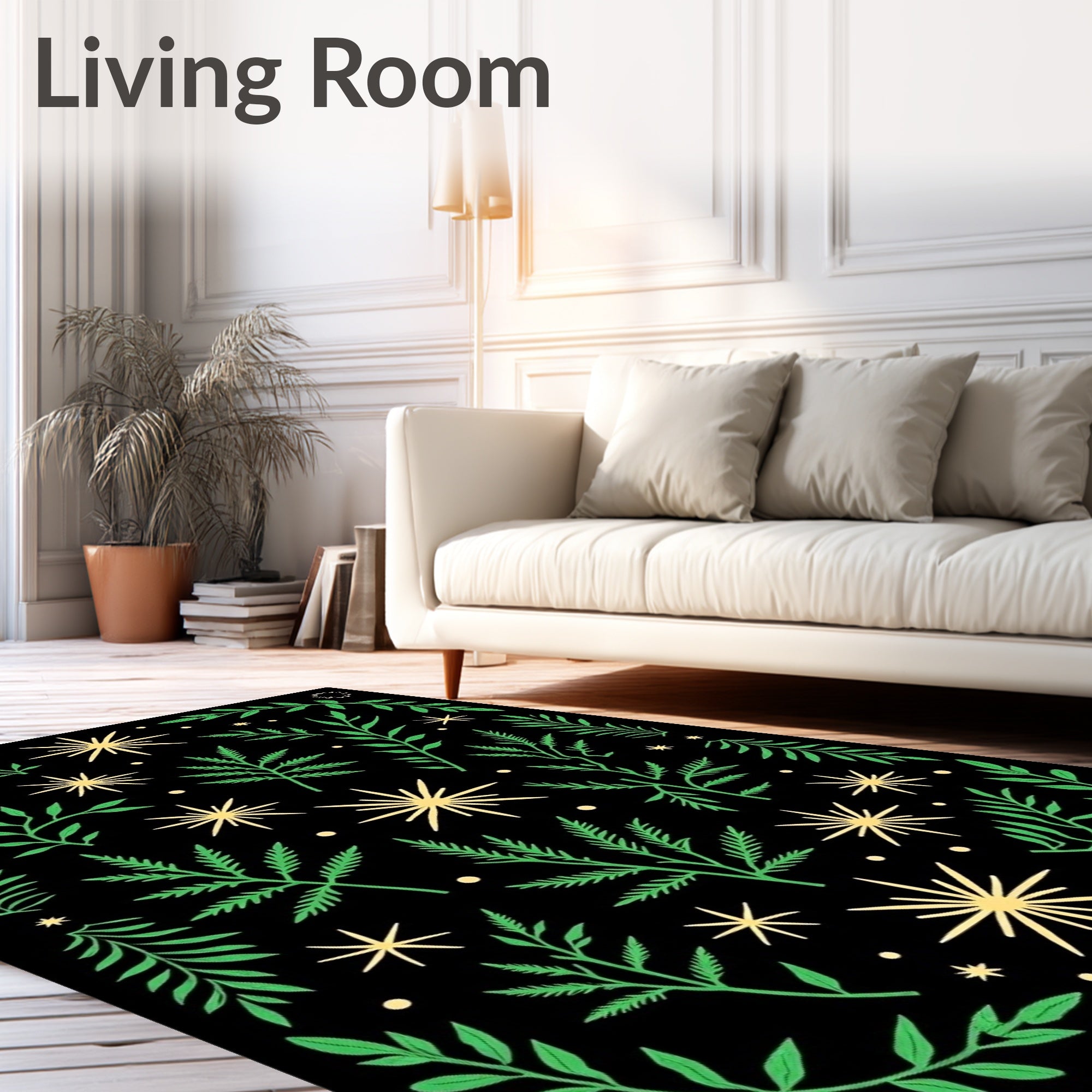 Green Botanical Starburst Black Rug
