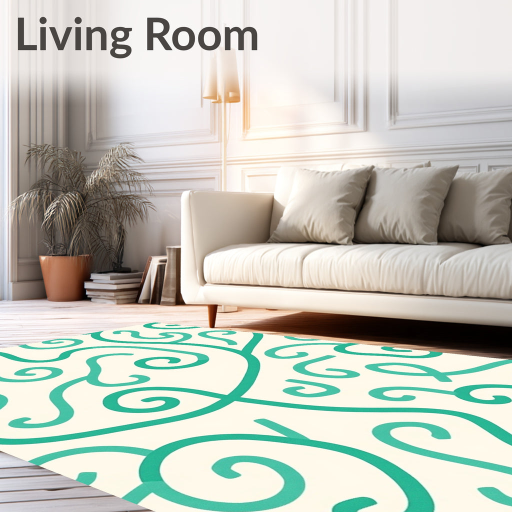 Teal Swirl Scroll Cream Background Rug