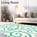 Teal Swirl Scroll Cream Background Rug
