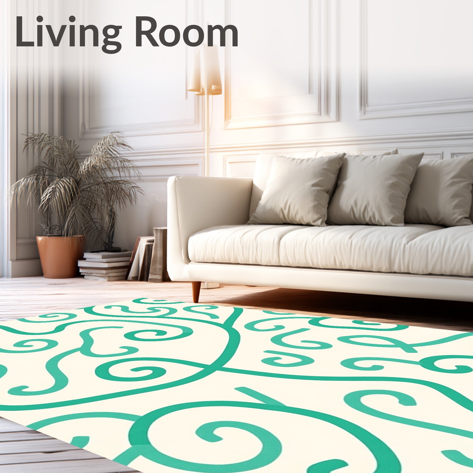 Teal Swirl Scroll Cream Background Rug