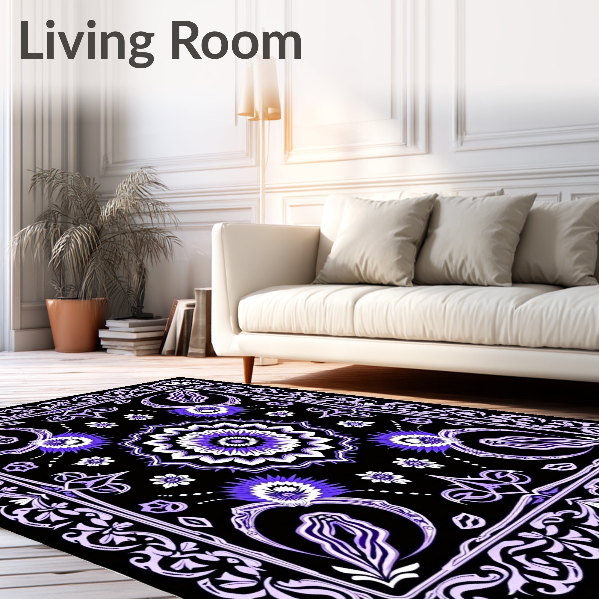 Luminous Black Purple Floral Medallion Rug