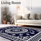 Deep Navy White Floral Medallion Rug