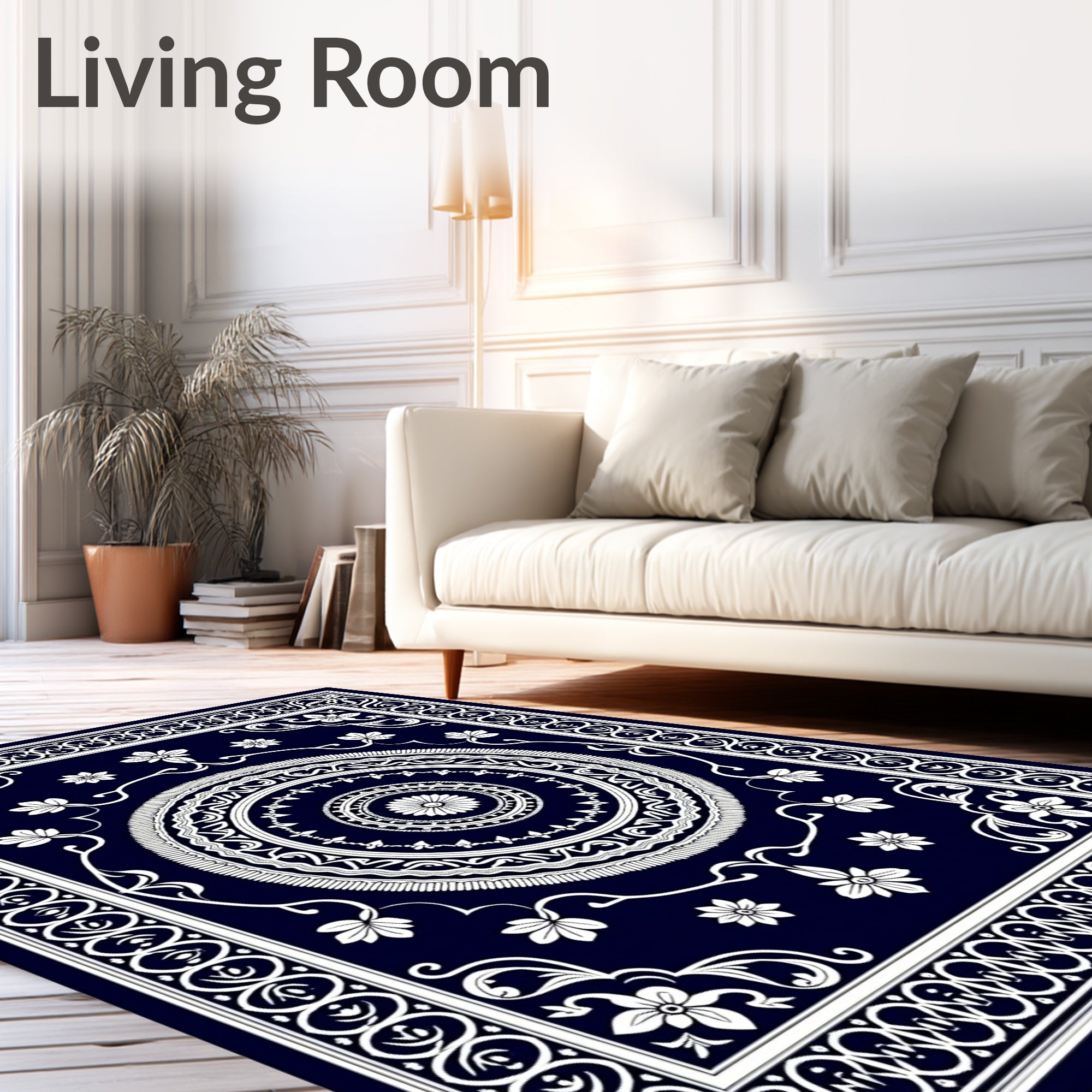 Deep Navy White Floral Medallion Rug