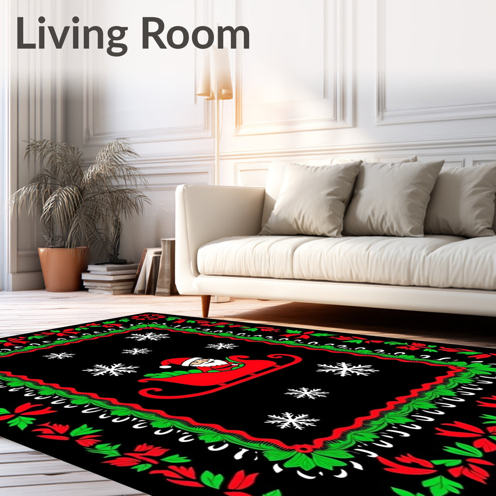 Christmas Santa Sleigh Snowflakes Border Rug