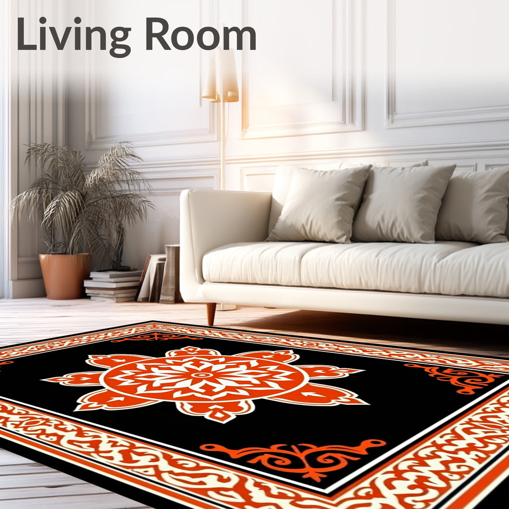Vibrant Orange Floral Medallion Black Rug
