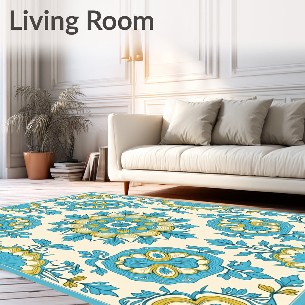 Aqua Yellow Floral Medallion Rug
