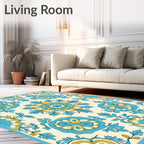 Aqua Yellow Floral Medallion Rug