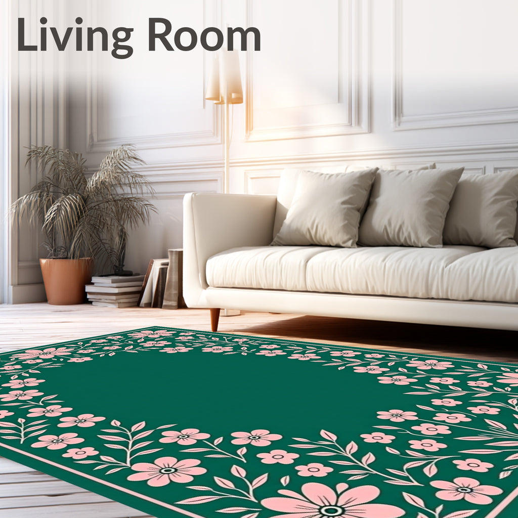 Pink Floral Vine Border Teal Rug