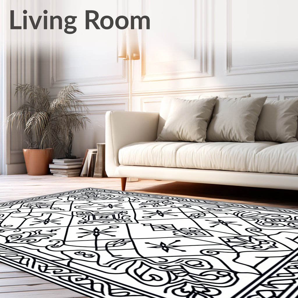 Intricate Black White Geometric Scroll Rug