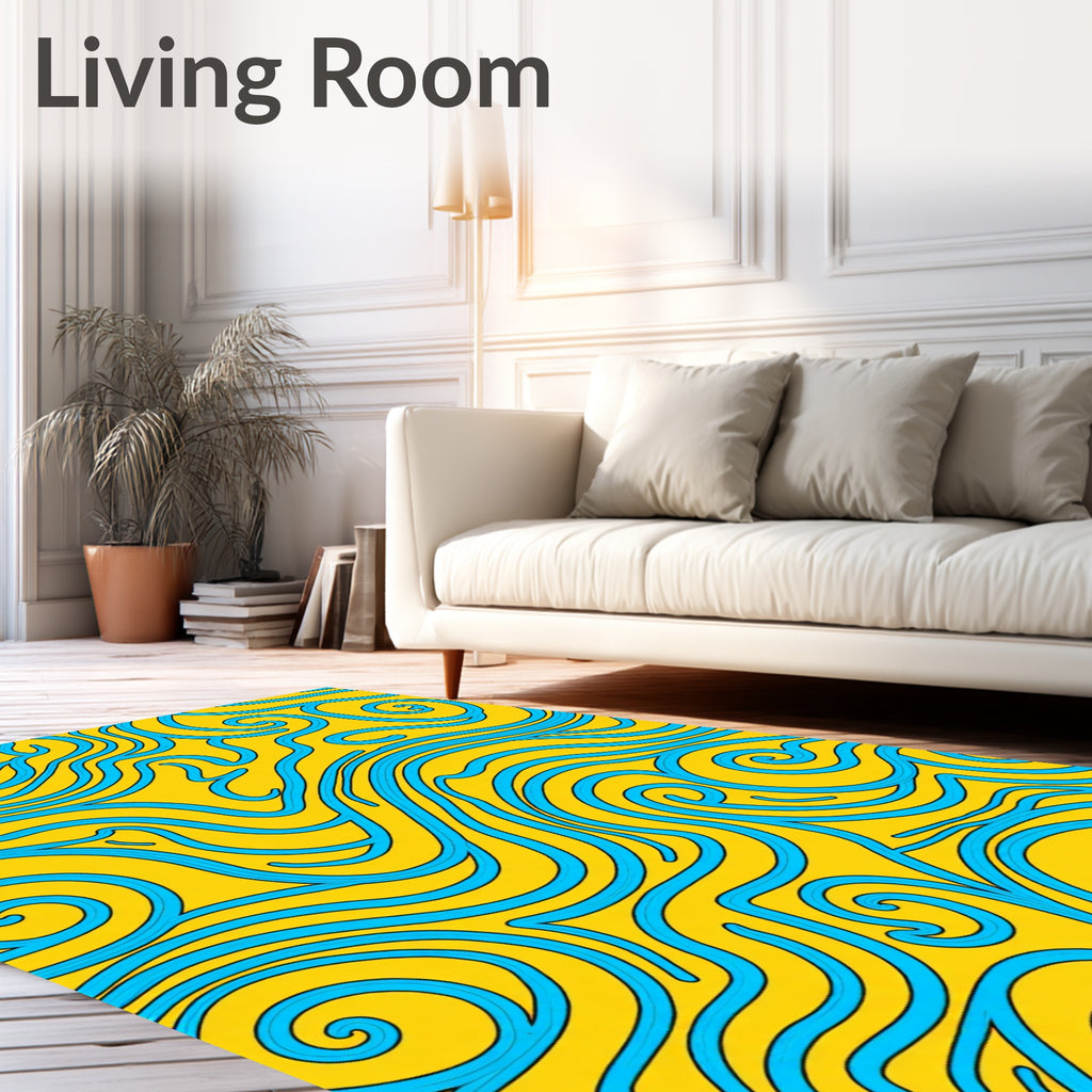 Yellow Blue Swirling Abstract Lines Rug